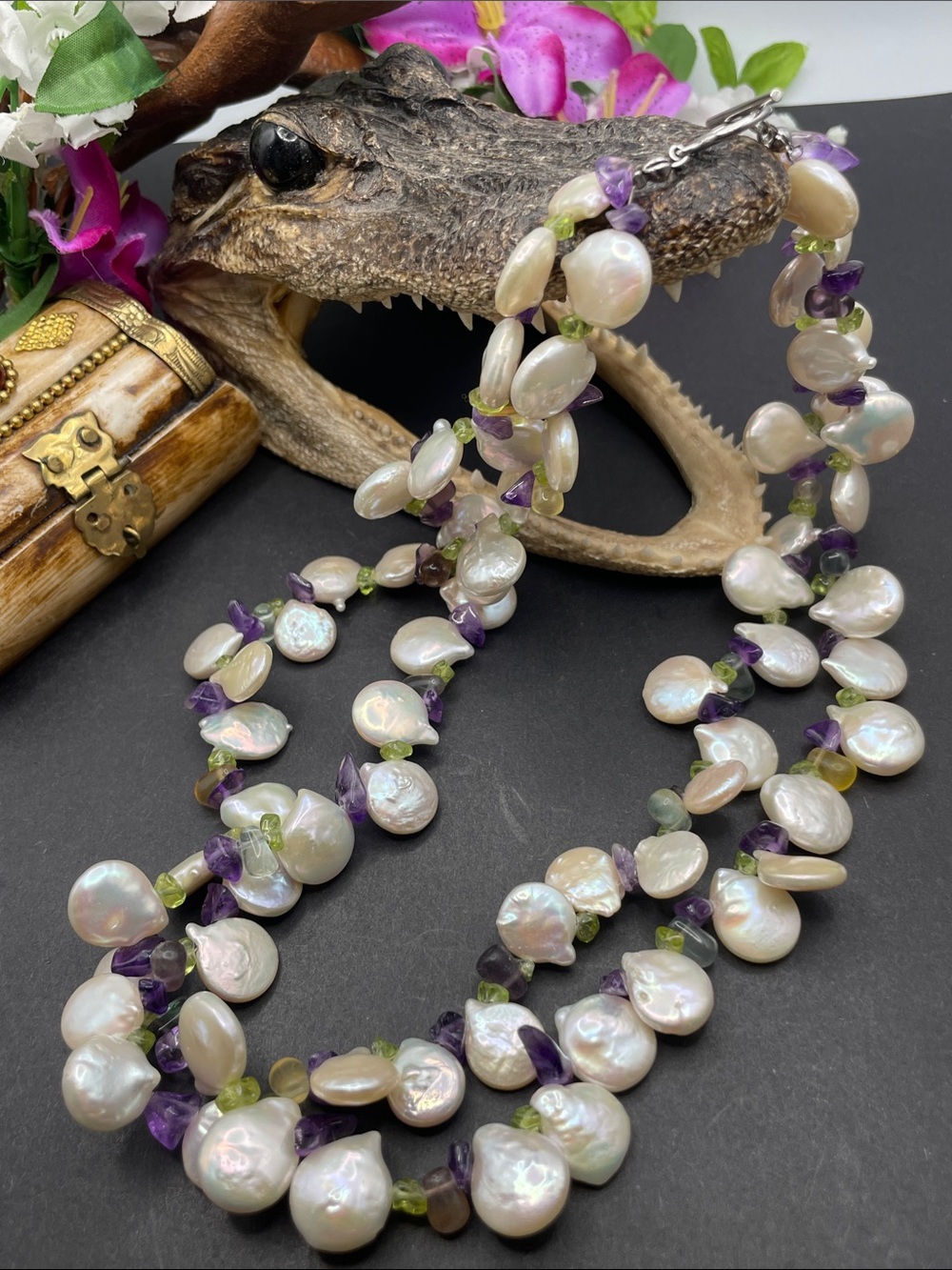 Cultured coin pearl with gemstones necklace 925 D25